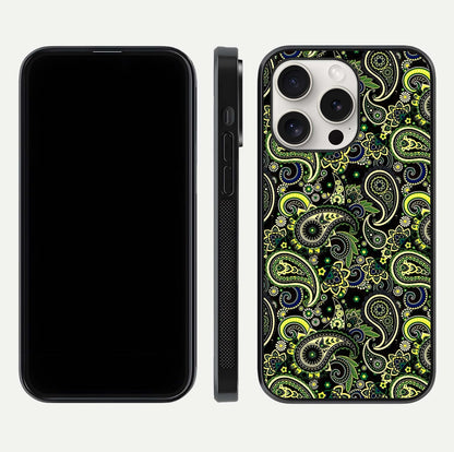 Green Mandala Pattern Glass Case for iPhone 15 Pro Max front and back view layout highlighting geometric art and curved glass