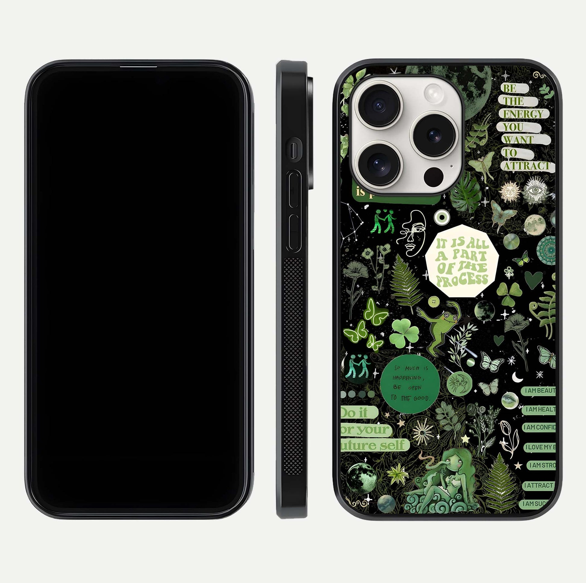 Green Moon Energy Glass Case for iPhone 15 Pro Max front and back view layout highlighting cosmic tones and smooth edges