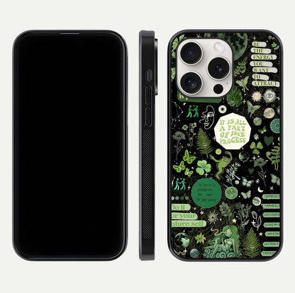 Green Moon Energy Glass Case for iPhone 15 Pro Max front and back view layout highlighting cosmic tones and smooth edges
