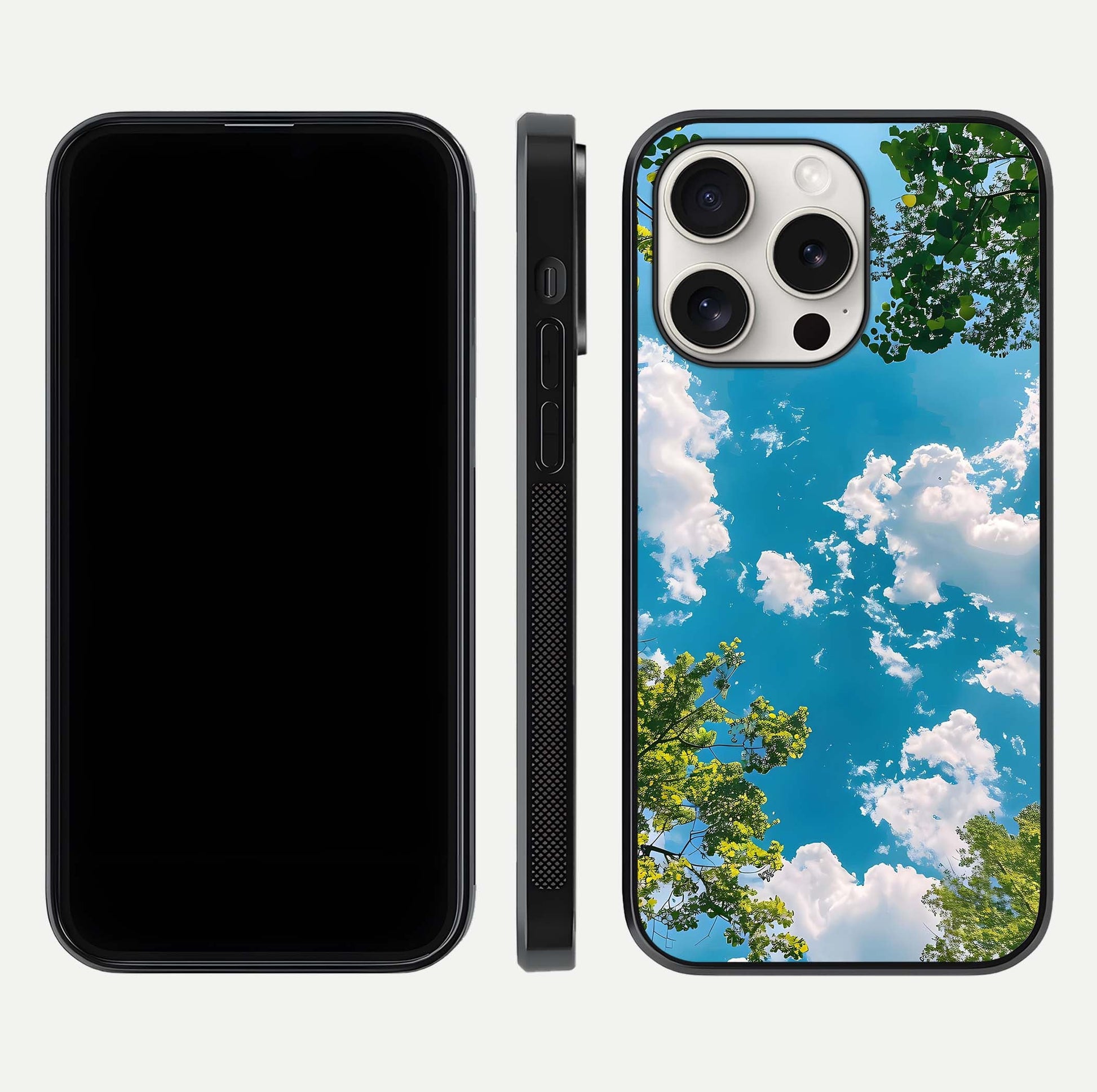 Greenery Sky Glass Case for iPhone 15 Pro Max front and back view layout displaying scenic green-blue gradient and curved edges