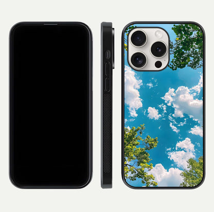 Greenery Sky Glass Case for iPhone 15 Pro Max front and back view layout displaying scenic green-blue gradient and curved edges