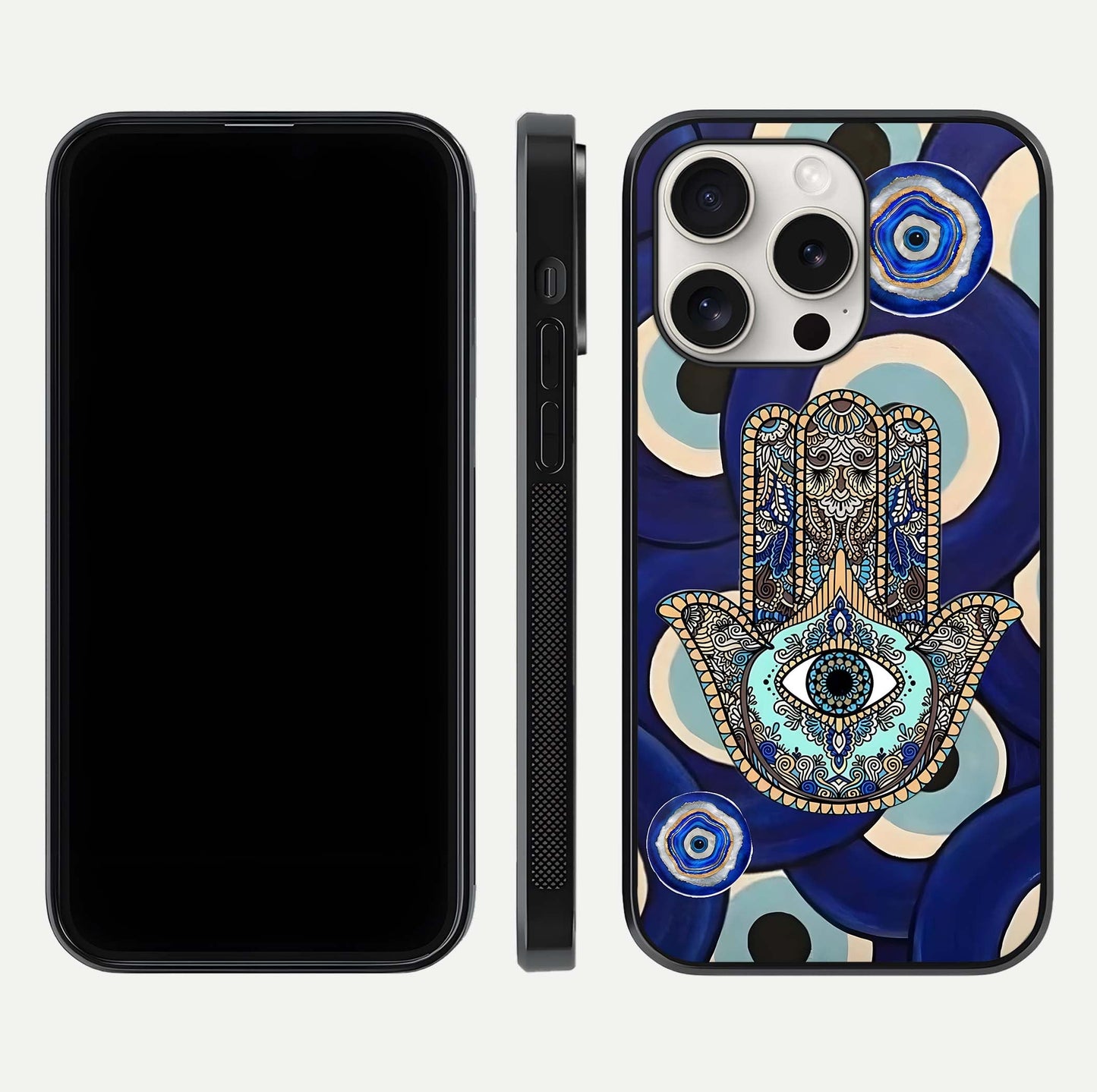Hamsa Divine Guard Glass Case for iPhone 15 Pro Max front and back view layout highlighting spiritual artwork and smooth edges