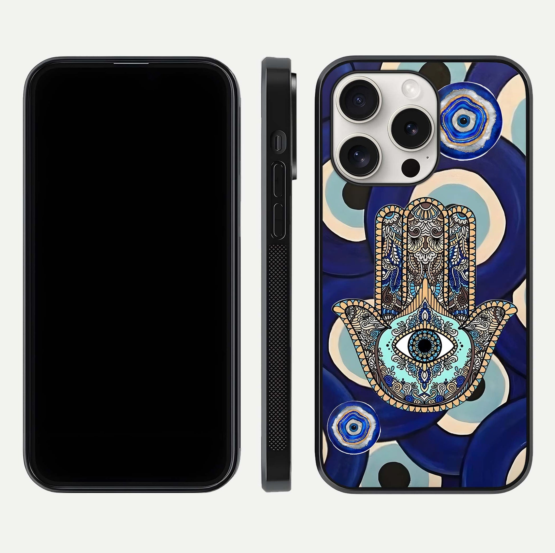 Hamsa Divine Guard Glass Case for iPhone 15 Pro Max front and back view layout highlighting spiritual artwork and smooth edges
