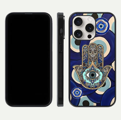 Hamsa Divine Guard Glass Case for iPhone 15 Pro Max front and back view layout highlighting spiritual artwork and smooth edges