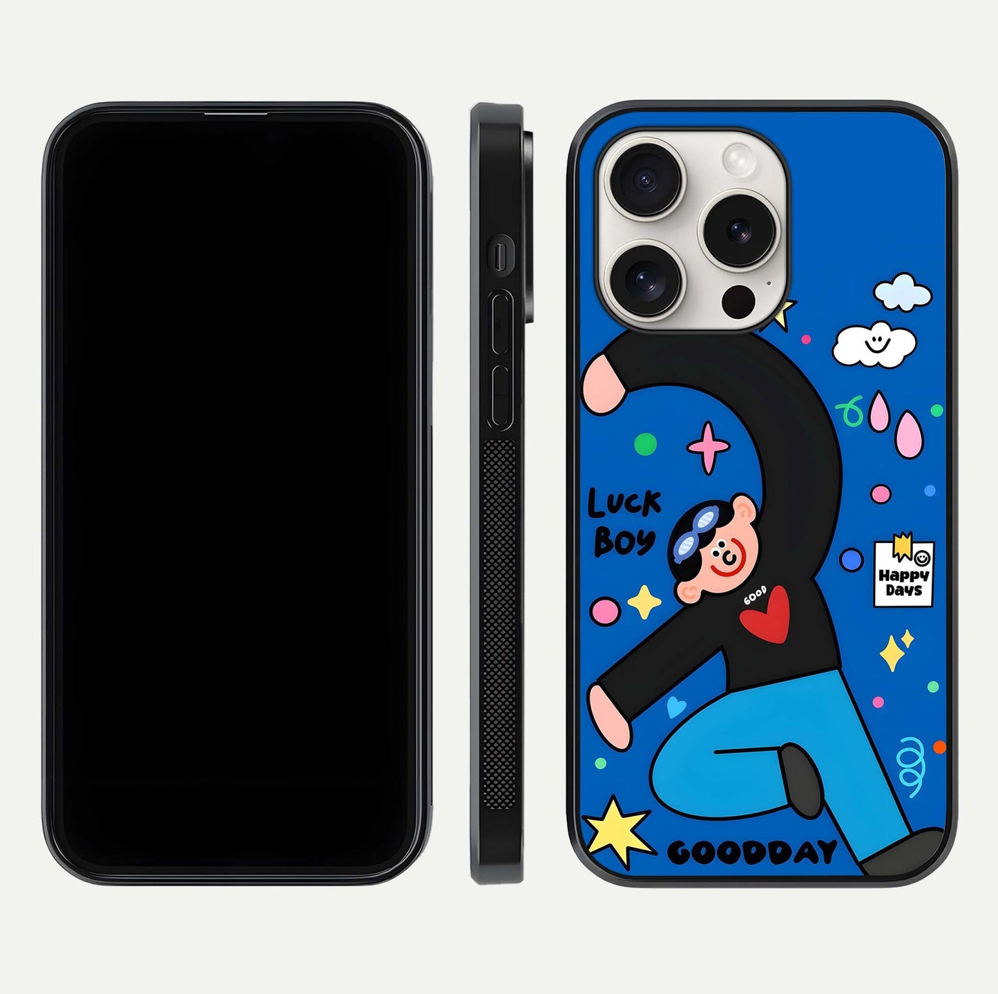 Happy Luck Vibe Glass Case for iPhone 15 Pro Max front and back view layout highlighting positive motif and curved edges