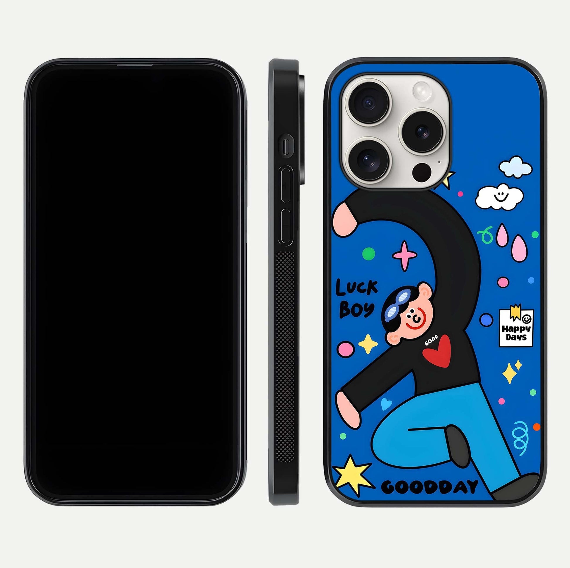 Happy Luck Vibe Glass Case for iPhone 15 Pro Max front and back view layout highlighting positive motif and curved edges