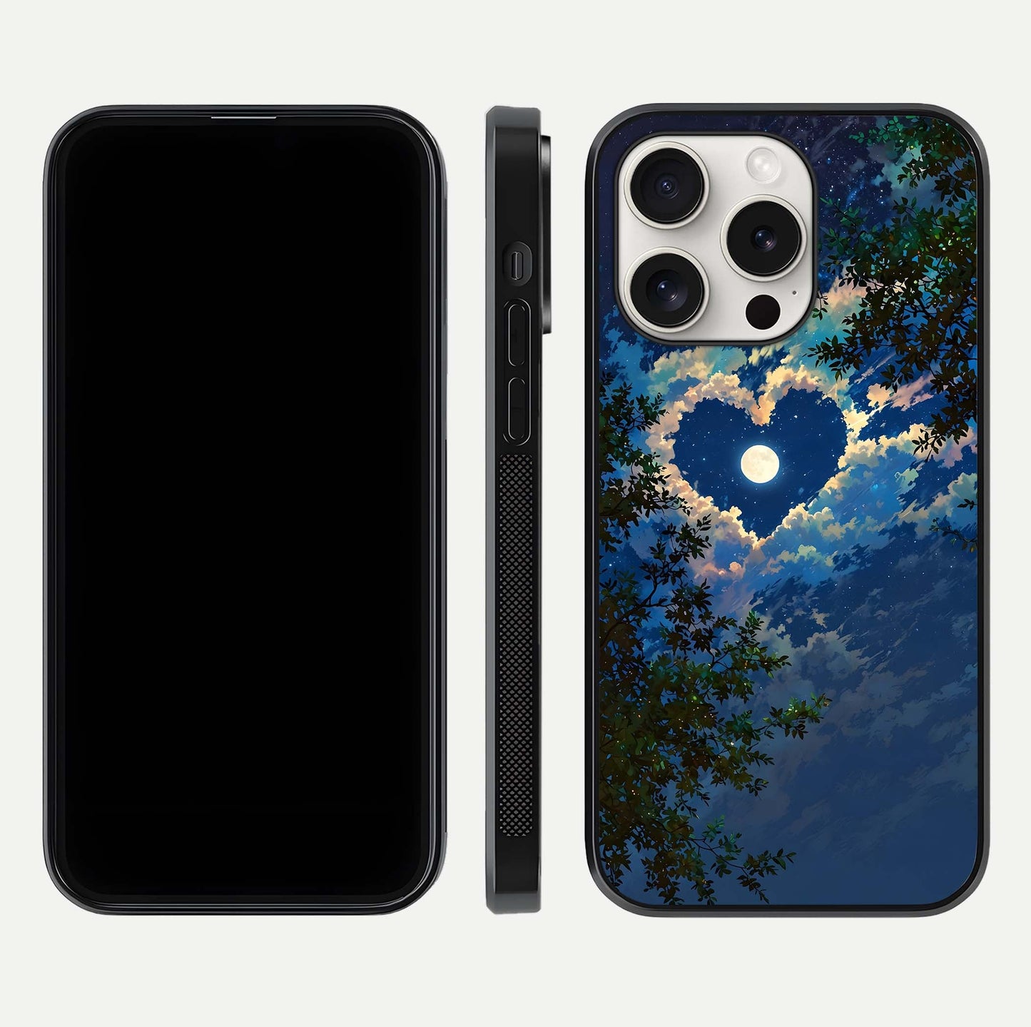 Heart with Moon Sky Glass Case for iPhone 15 Pro Max front and back view layout displaying celestial tones and curved glass