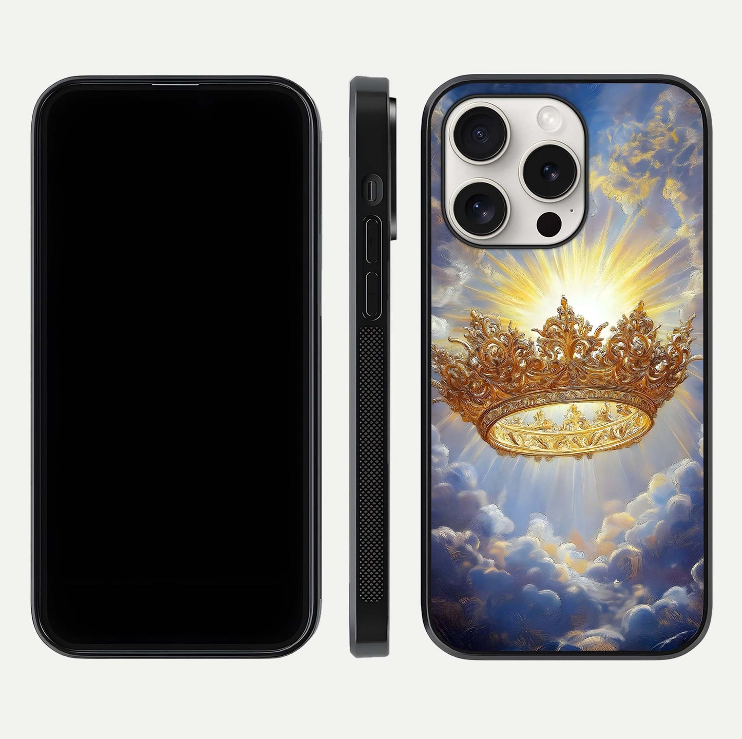 Heavenly Crown Light Glass Case for iPhone 15 Pro Max front and back view layout highlighting golden aura tones and curved glass edges