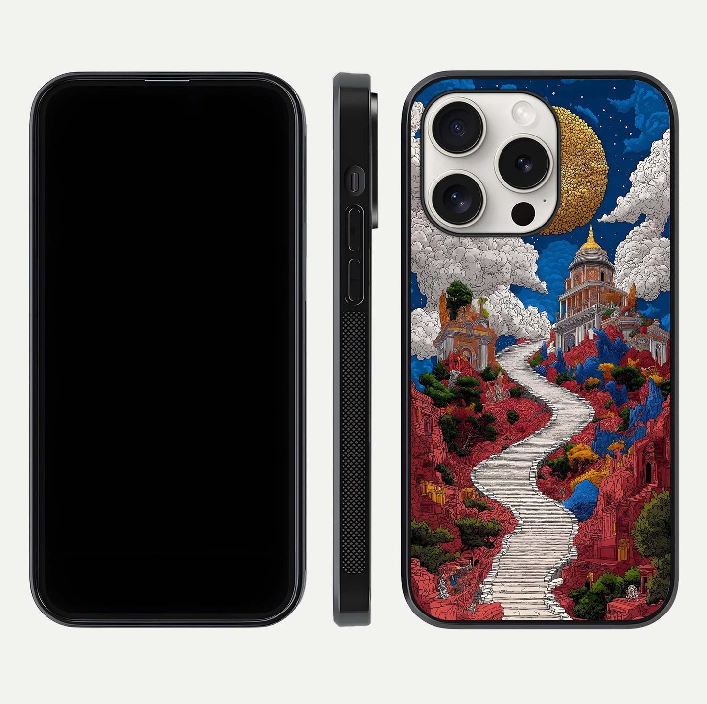 Heavenly Moon Path Glass Case for iPhone 15 Pro Max front and back view layout displaying night sky tones and curved glass edges
