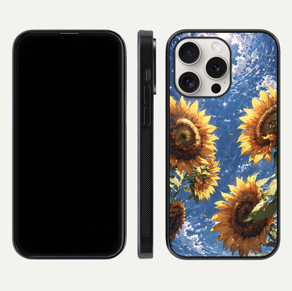 Heavenly Sunflower Rise Glass Case for iPhone 15 Pro Max front and back view layout highlighting golden floral tones and curved edges