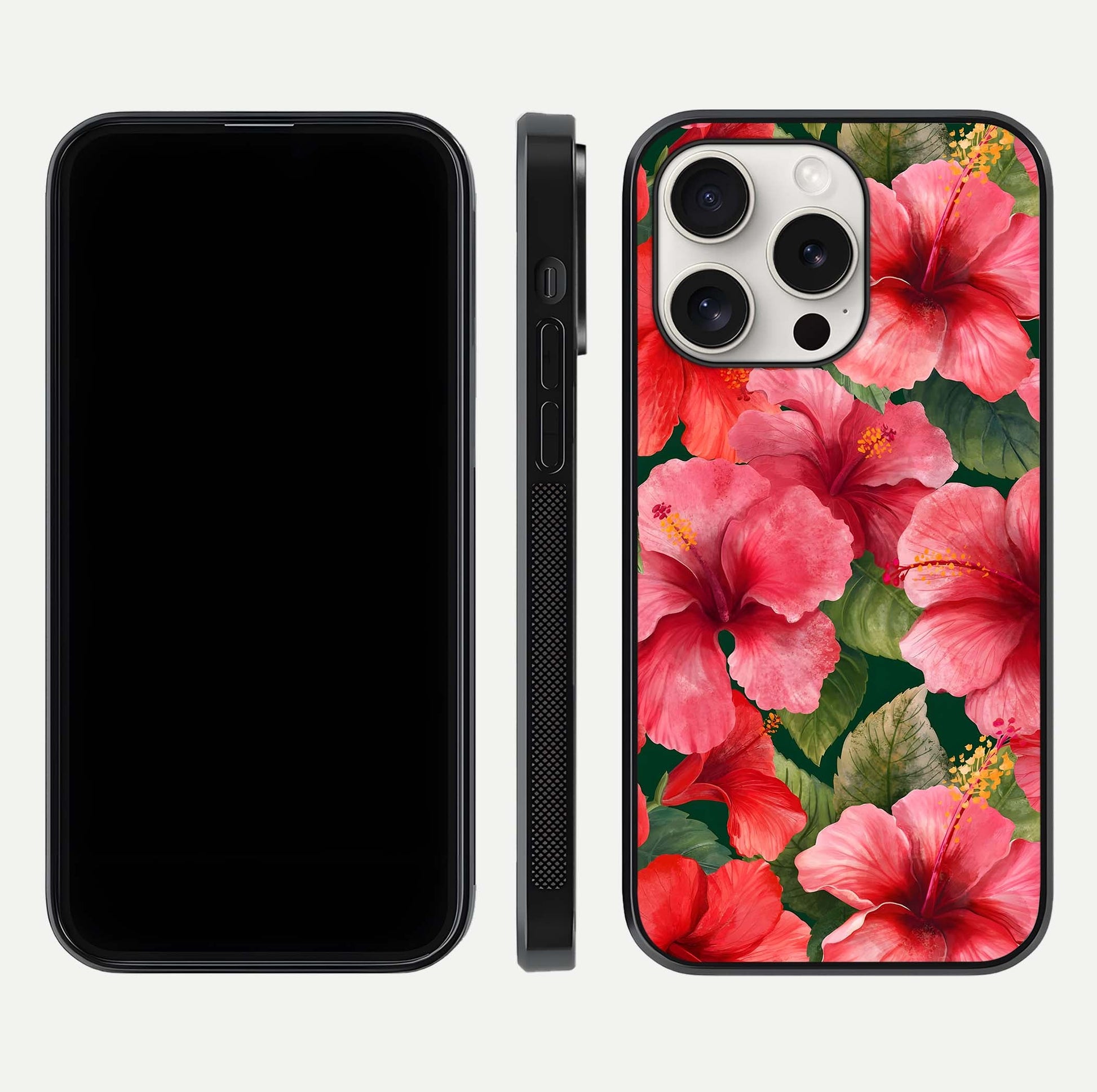 Hibiscus Pattern Glass Case for iPhone 15 Pro Max front and back view layout highlighting tropical design and curved glass edges