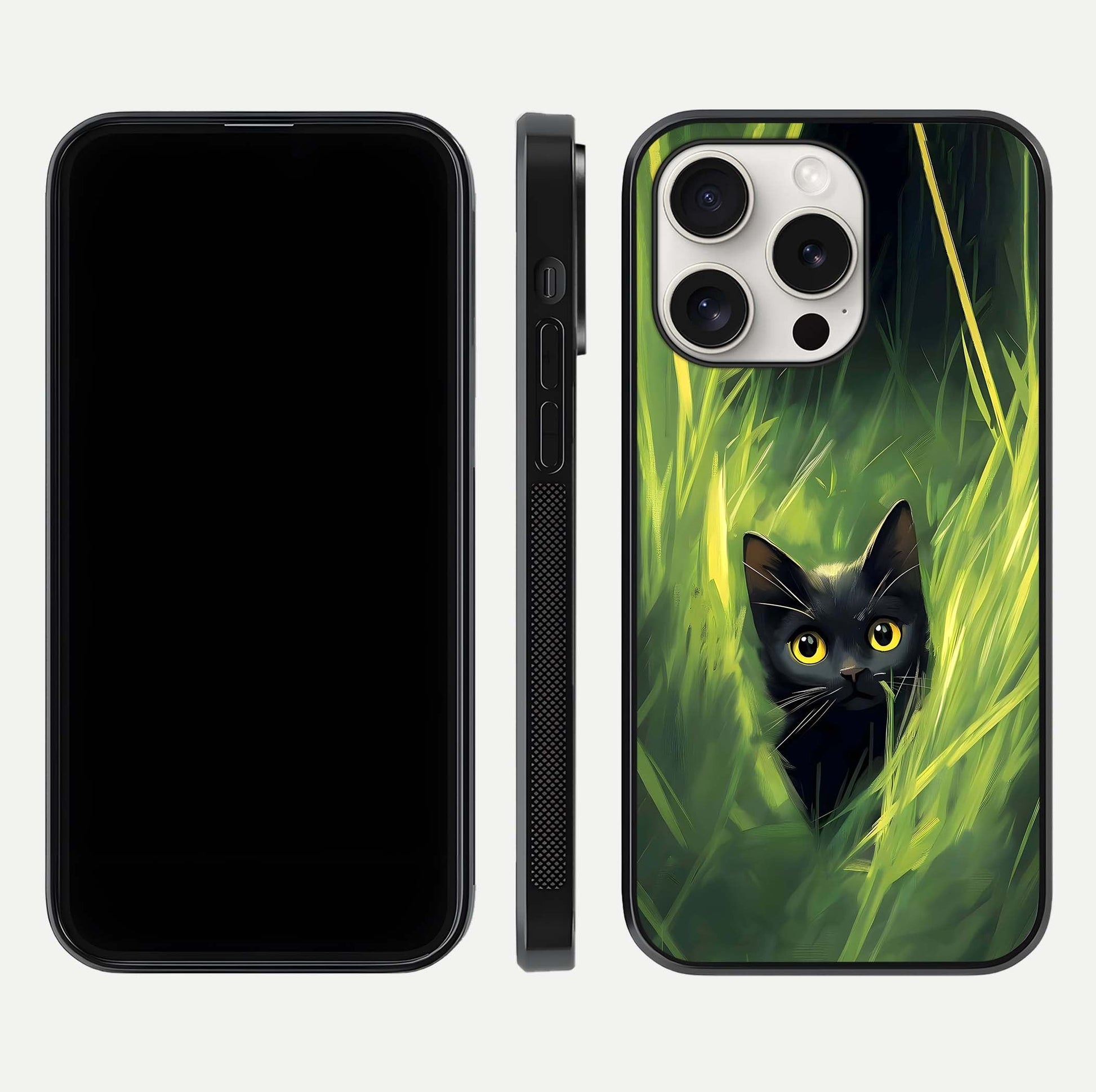 Hidden Cat Whisper Glass Case for iPhone 15 Pro Max front and back view layout highlighting minimalist art and curved edges