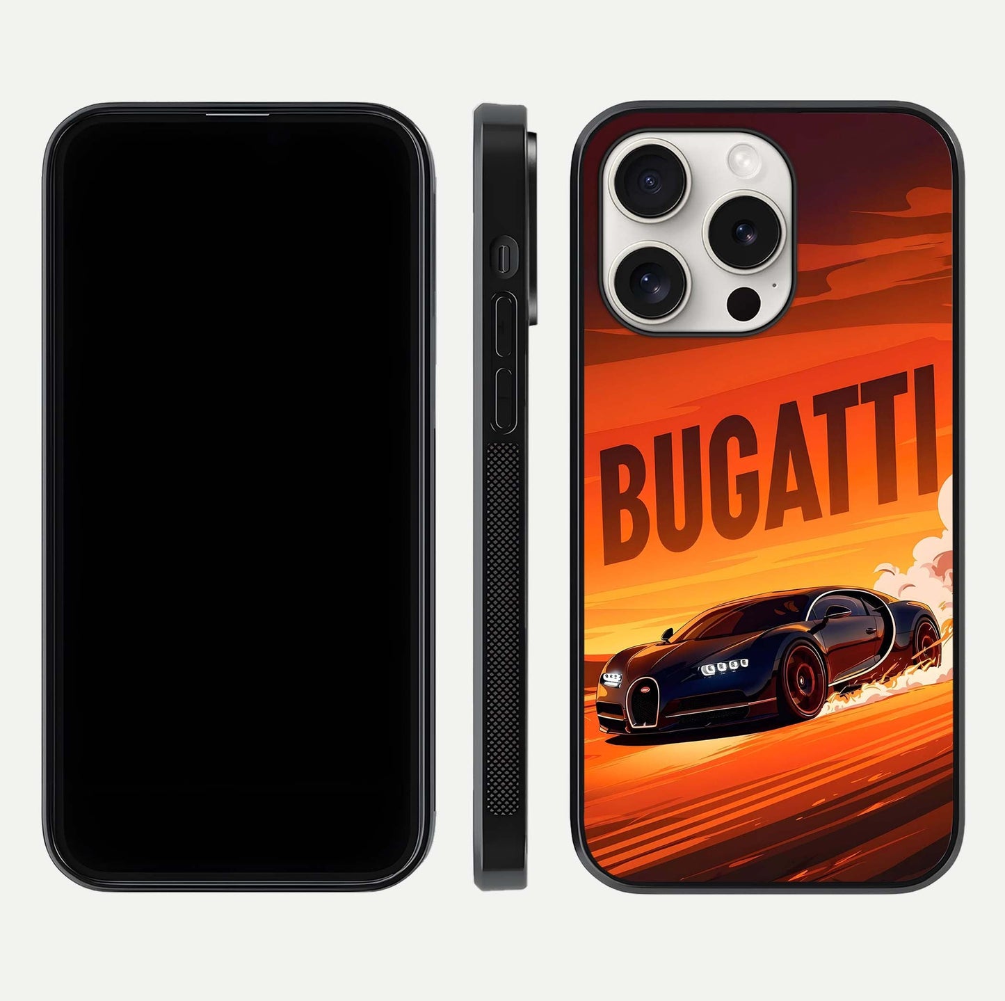 Inferno Bugatti Storm Glass Case for iPhone 15 Pro Max front and back view layout highlighting car silhouette and curved glass edge