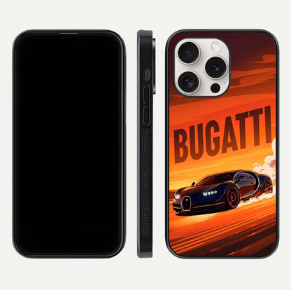 Inferno Bugatti Storm Glass Case for iPhone 15 Pro Max front and back view layout highlighting car silhouette and curved glass edge