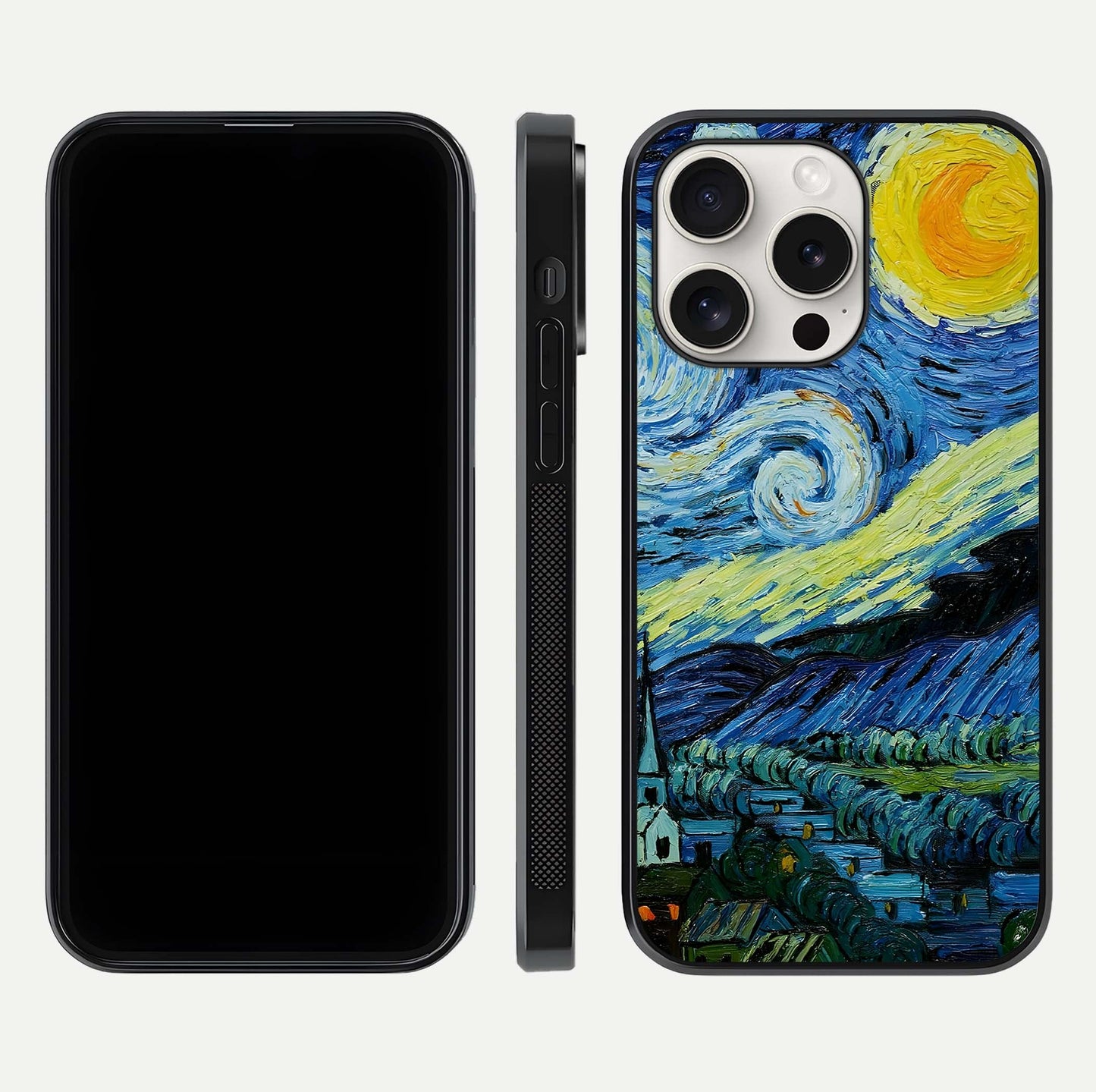 Inspired Van Gogh Art Glass Case for iPhone 15 Pro Max front and back view layout displaying vivid color tones and curved glass edges