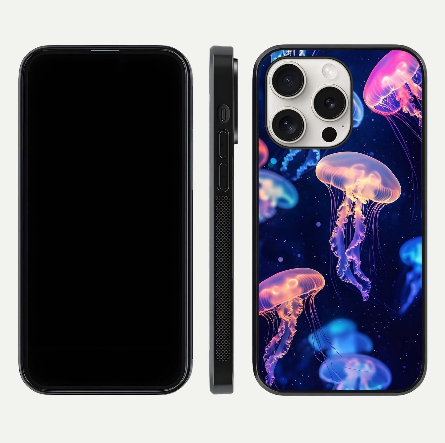Jellyfish Pattern Glass Case for iPhone 15 Pro Max front and back view layout highlighting aquatic tones and curved edges