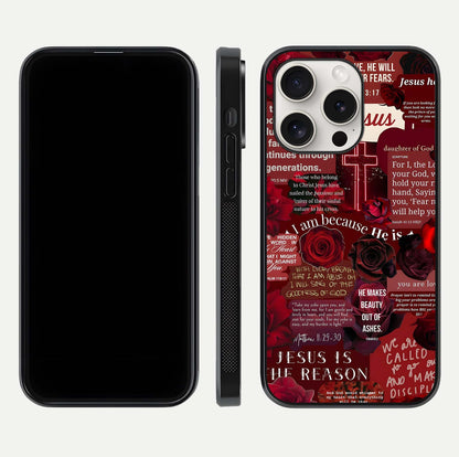 Jesus Love Heals Glass Case for iPhone 15 Pro Max front and back view layout with elegant typography and smooth edges