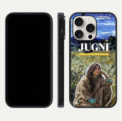 Jugni Soul Vibes Glass Case for iPhone 15 Pro Max front and back view layout highlighting desi art and curved glass edges