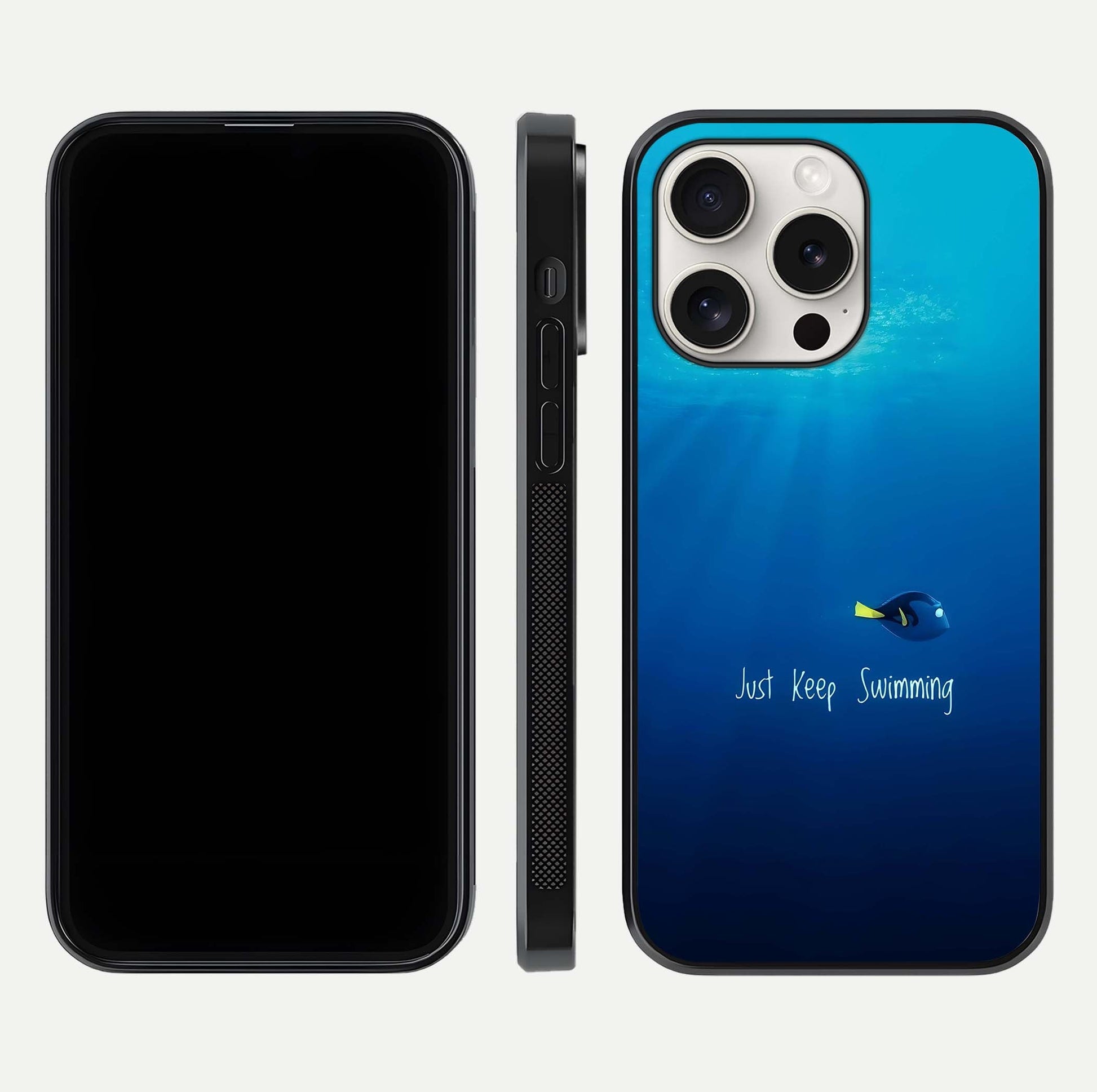 Just Keep Swimming Glass Case for iPhone 15 Pro Max front and back view layout with smooth glass edges and HD text clarity