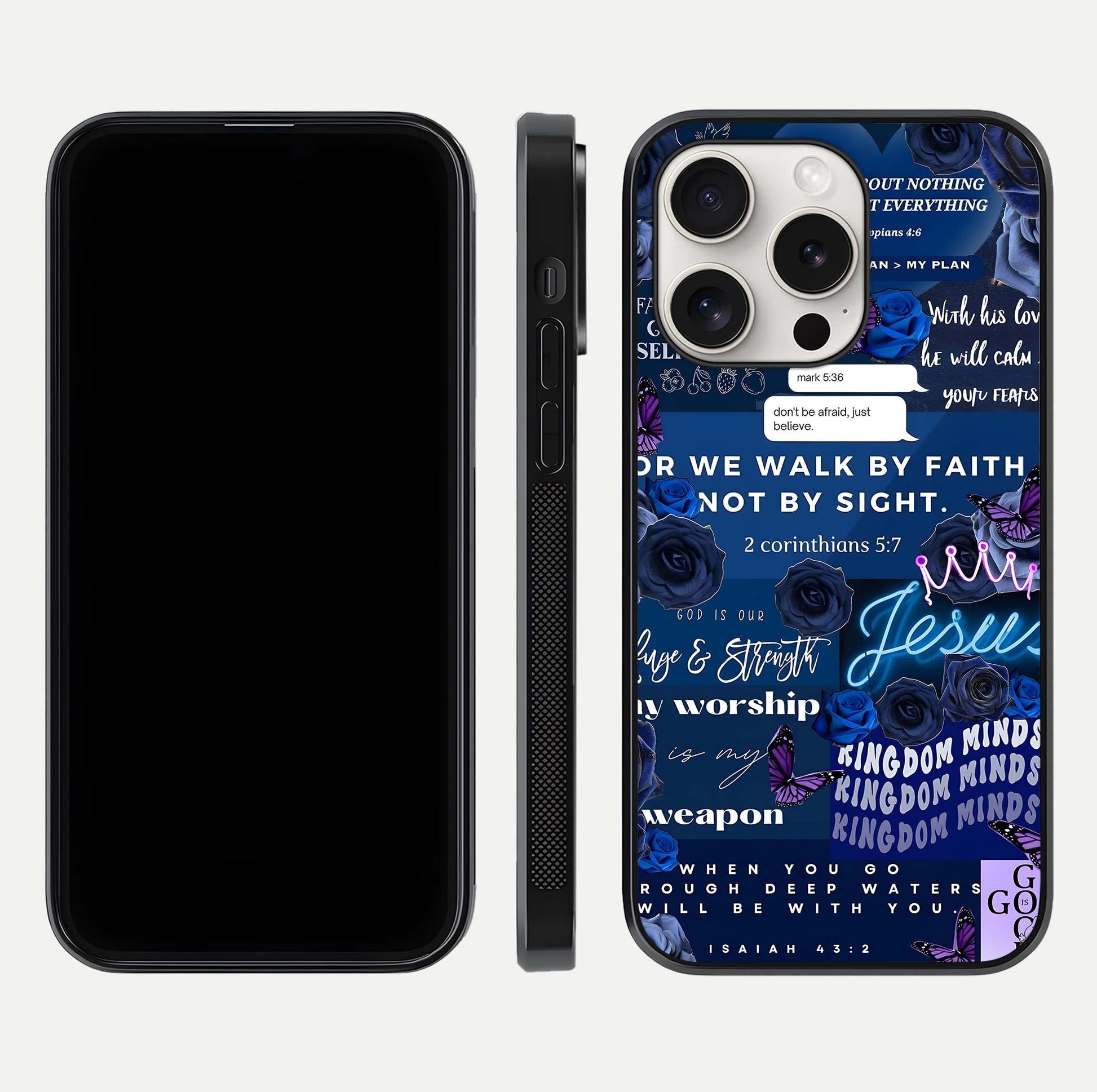 Kingdom Faith Glow Glass Case for iPhone 15 Pro Max front and back view layout highlighting radiant spiritual design