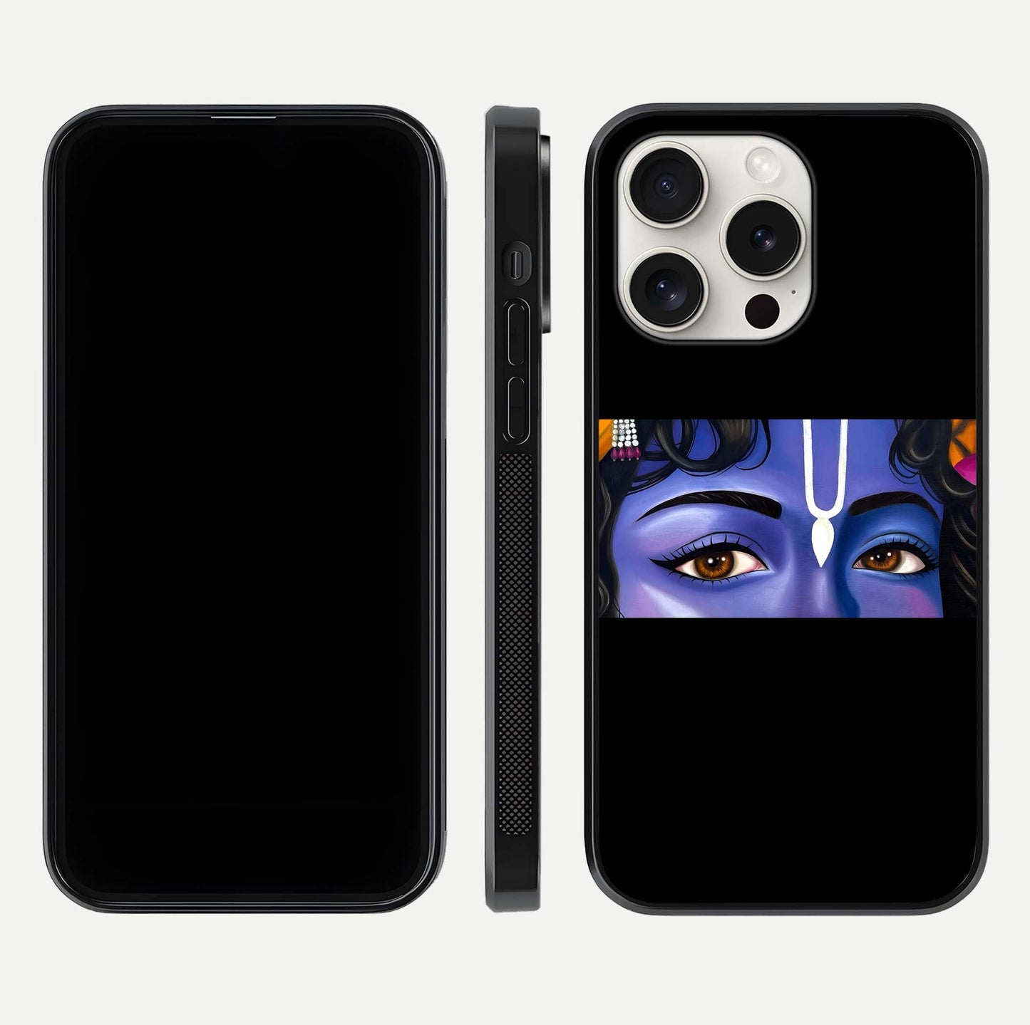 Krishna Eye Glass Case for iPhone 15 Pro Max front and back view layout highlighting detailed spiritual motif