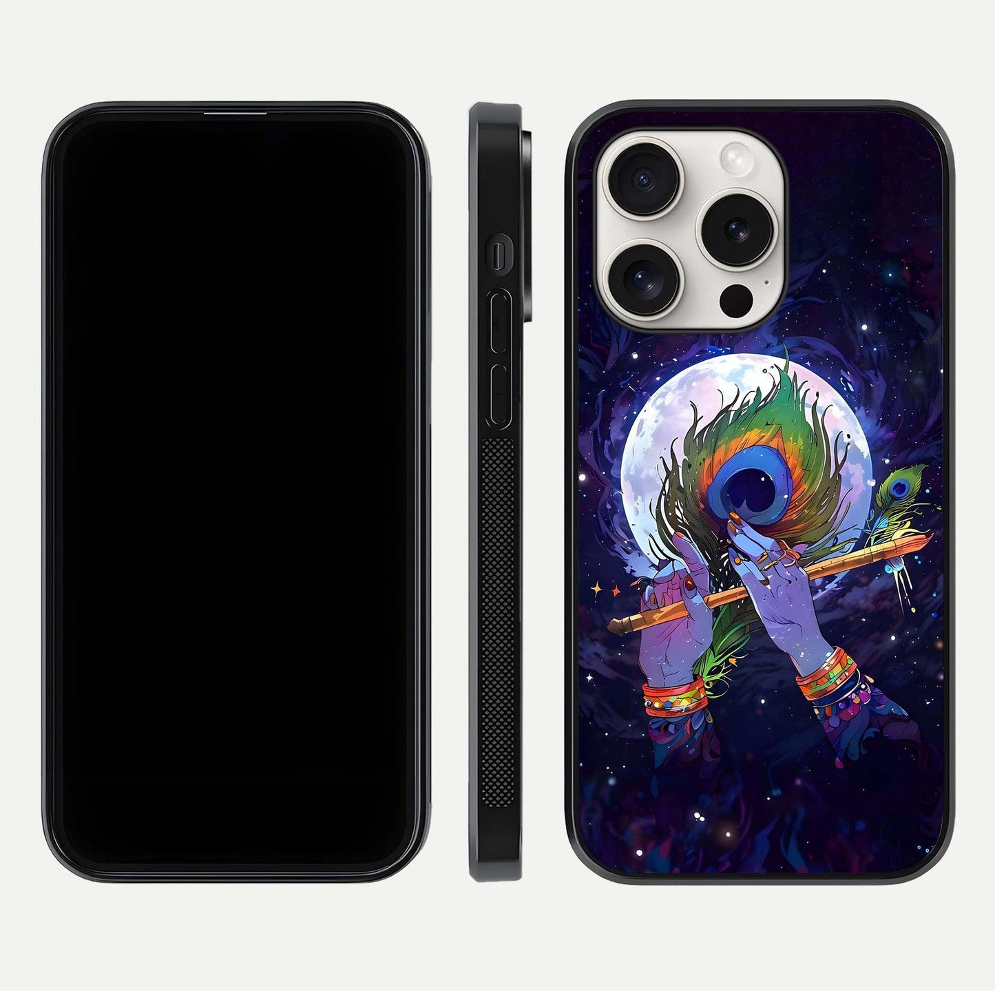 Krishna Hands Art Glass Case for iPhone 15 Pro Max front and back view layout displaying soft edges and spiritual tones