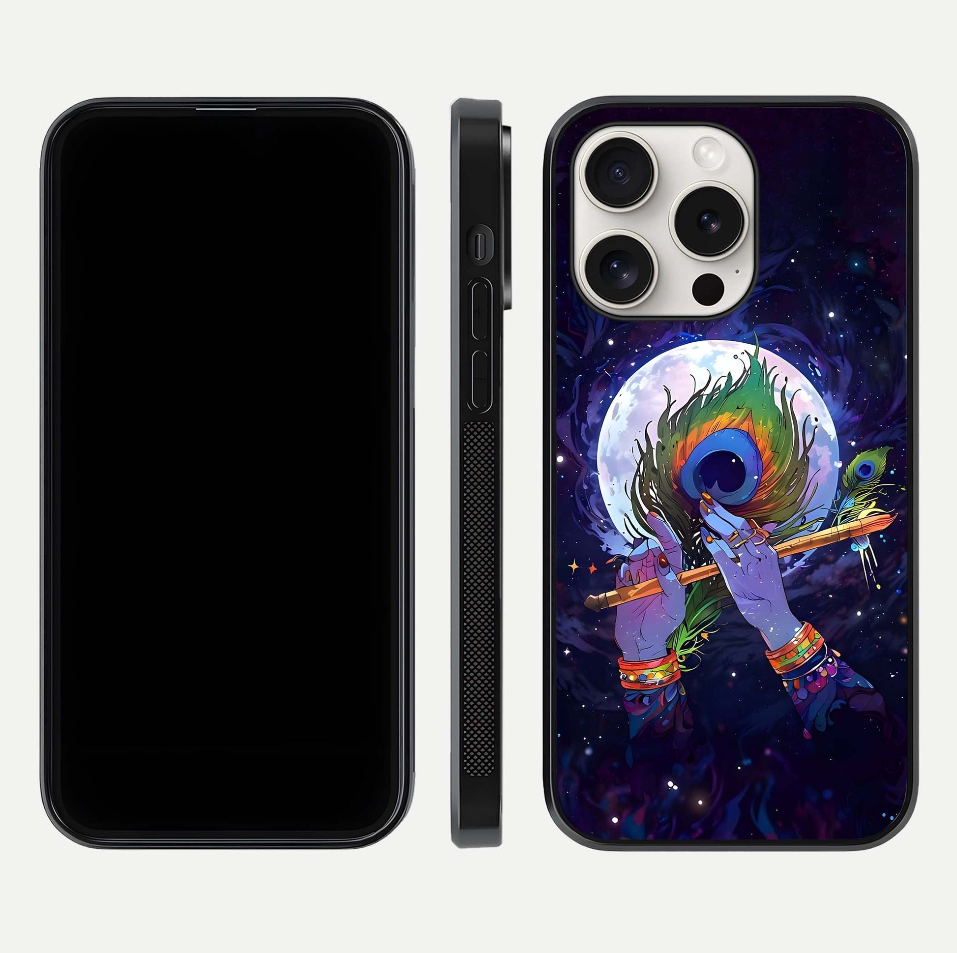 Krishna Hands Art Glass Case for iPhone 15 Pro Max front and back view layout displaying soft edges and spiritual tones