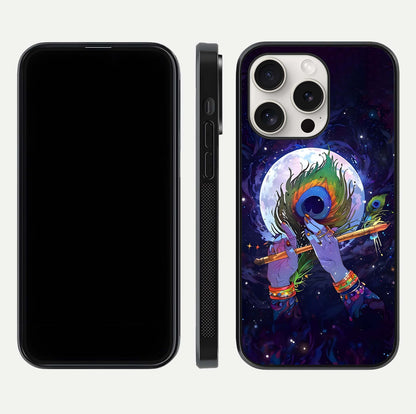 Krishna Hands Art Glass Case for iPhone 15 Pro Max front and back view layout displaying soft edges and spiritual tones