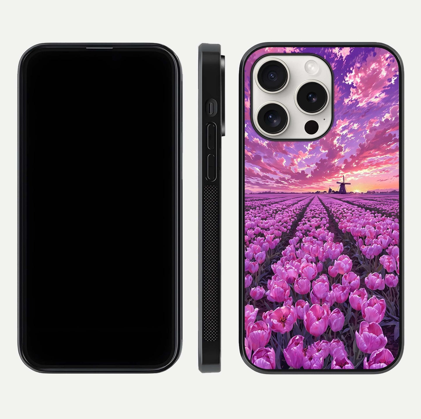 Lavender Dream Skies Glass Case for iPhone 15 Pro Max front and back view layout highlighting dreamy sky gradient