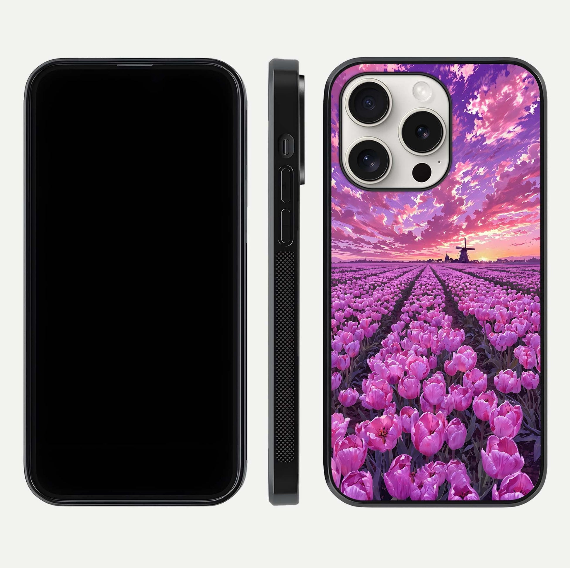 Lavender Dream Skies Glass Case for iPhone 15 Pro Max front and back view layout highlighting dreamy sky gradient