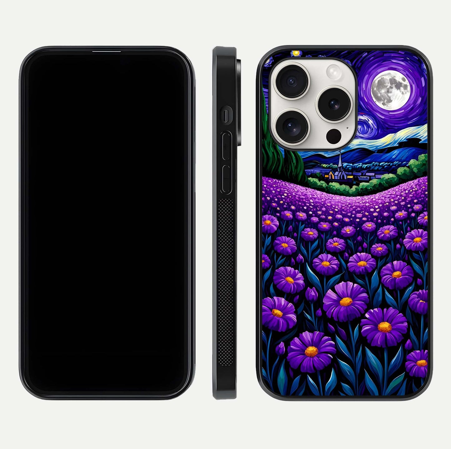 Lavender Moon Field Glass Case for iPhone 15 Pro Max front and back view layout with soft gradient and curved edges