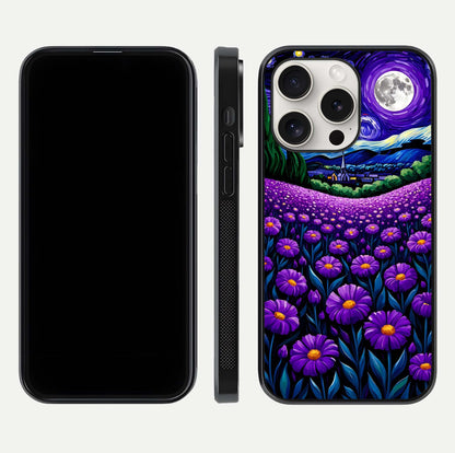 Lavender Moon Field Glass Case for iPhone 15 Pro Max front and back view layout with soft gradient and curved edges