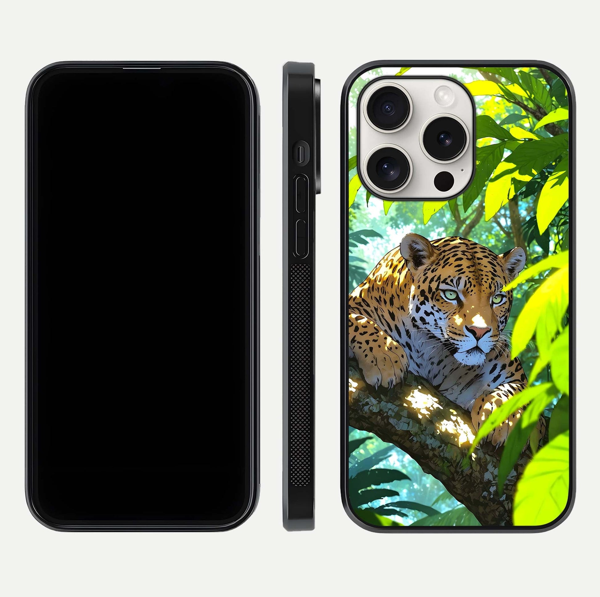 Leopard in Jungle Glass Case for iPhone 15 Pro Max front & back layout with premium edge detailing and vivid jungle art