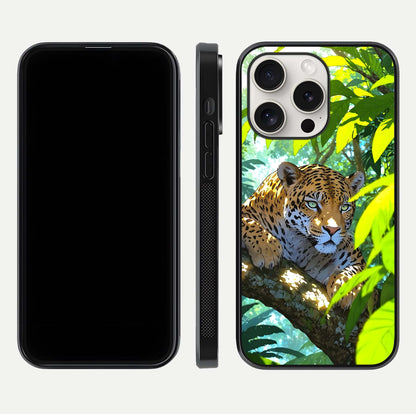 Leopard in Jungle Glass Case for iPhone 15 Pro Max front & back layout with premium edge detailing and vivid jungle art