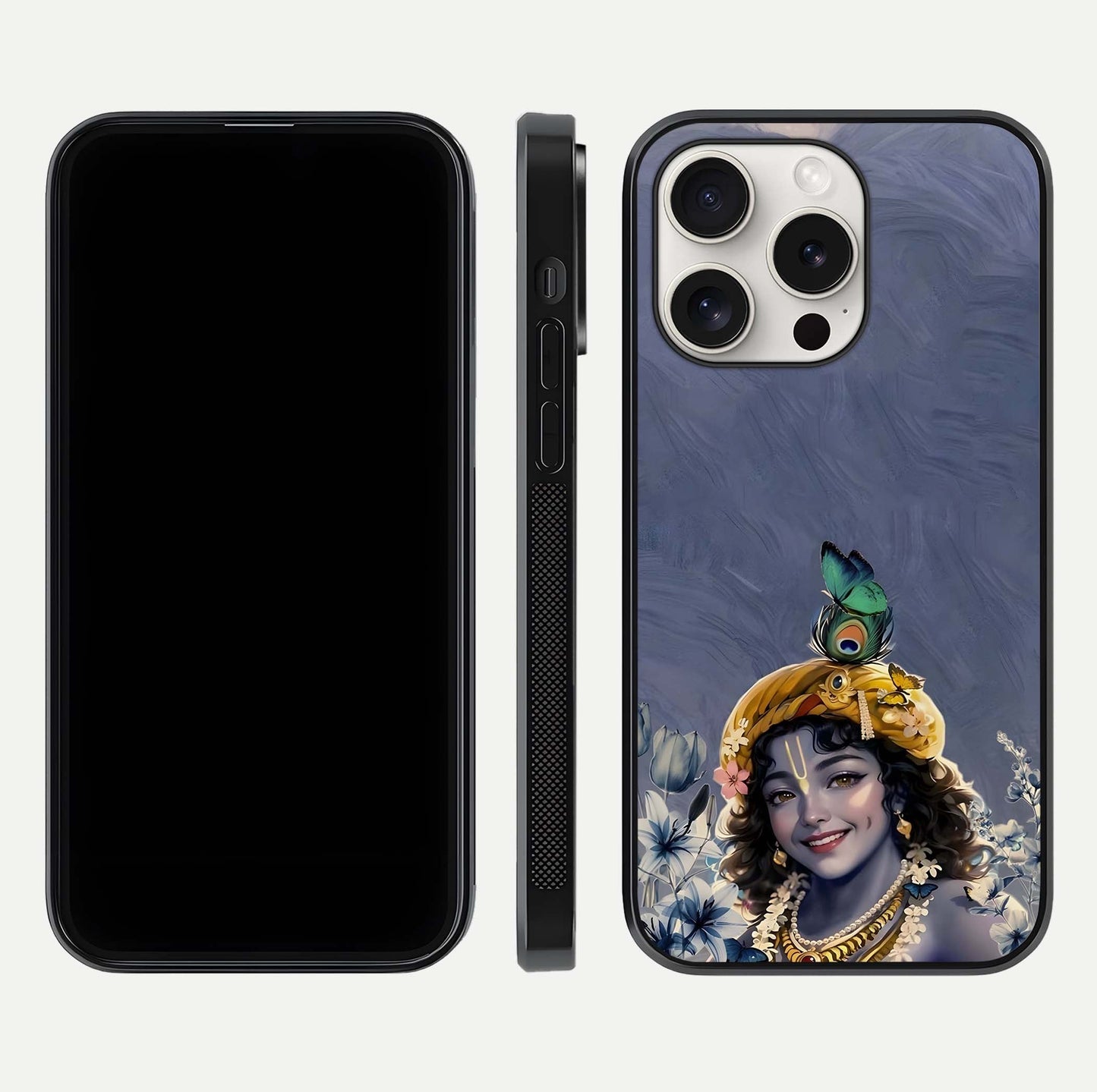 Lord Krishna Glass Case for iPhone 15 Pro Max front & back layout displaying soft tones and elegant edges