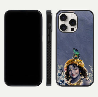 Lord Krishna Glass Case for iPhone 15 Pro Max front & back layout displaying soft tones and elegant edges