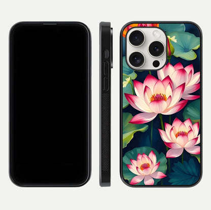 Lotus Dream Serenity Glass Case for iPhone 15 Pro Max front & back layout with elegant finish and edge curve