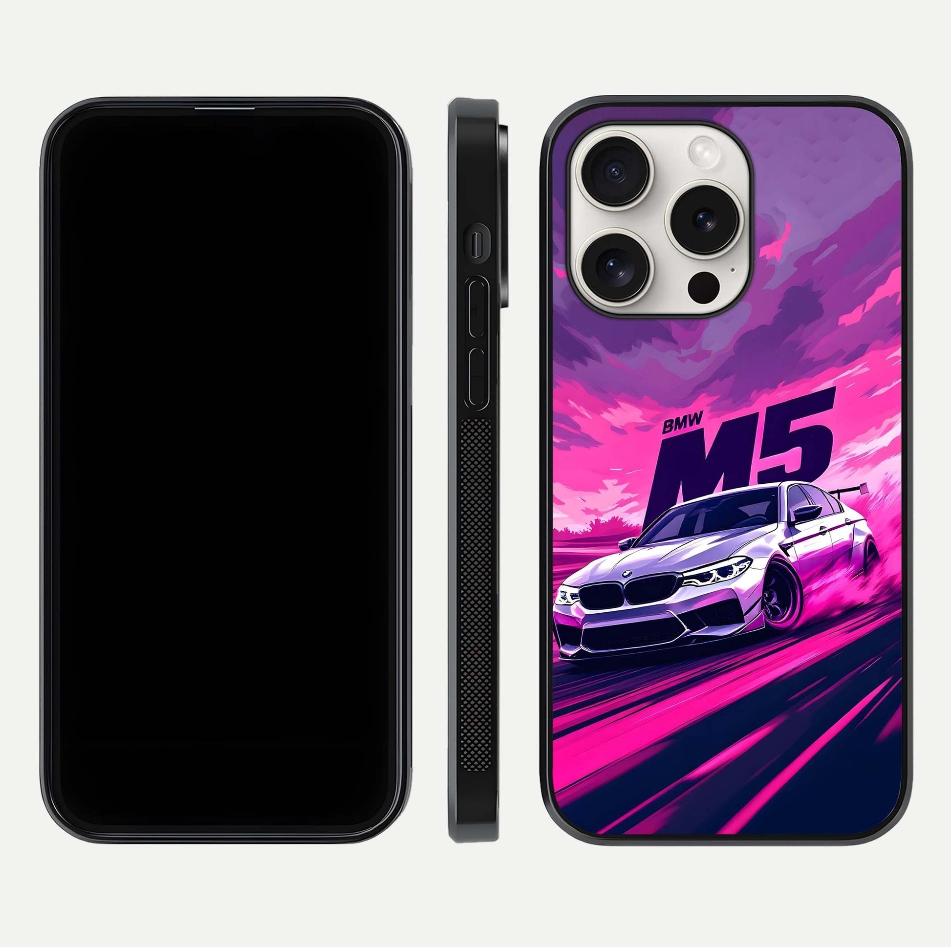 MS Neon Car Glass Case for iPhone 15 Pro Max front & back layout highlighting automotive art and curved design
