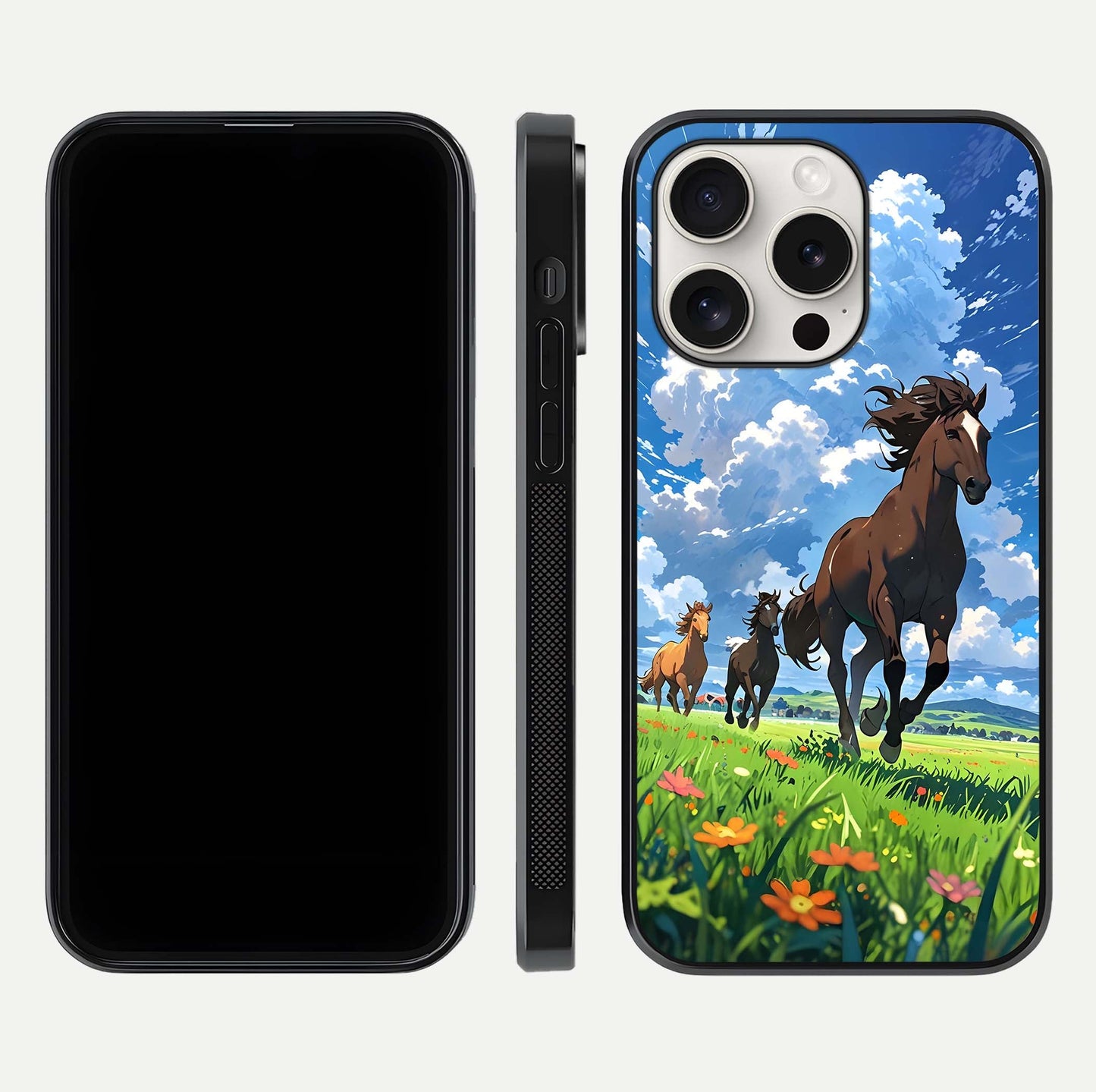 Majestic Horses Galloping Glass Case for iPhone 15 Pro Max front & back layout highlighting dynamic design and edges