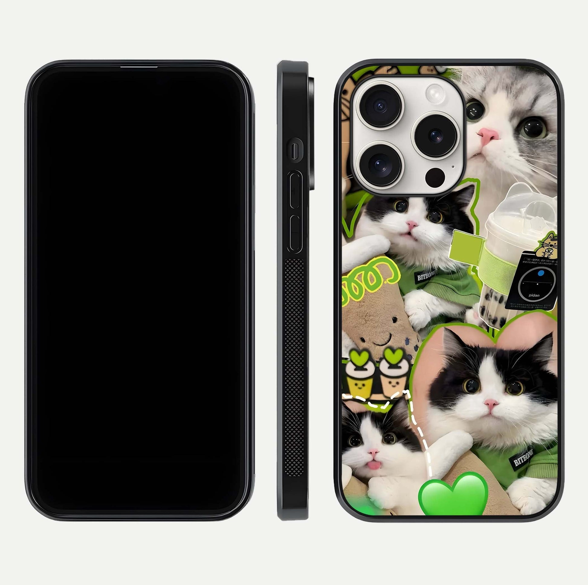 Matcha Cats Mood Glass Case for iPhone 15 Pro Max front & back layout highlighting cute theme and smooth edges