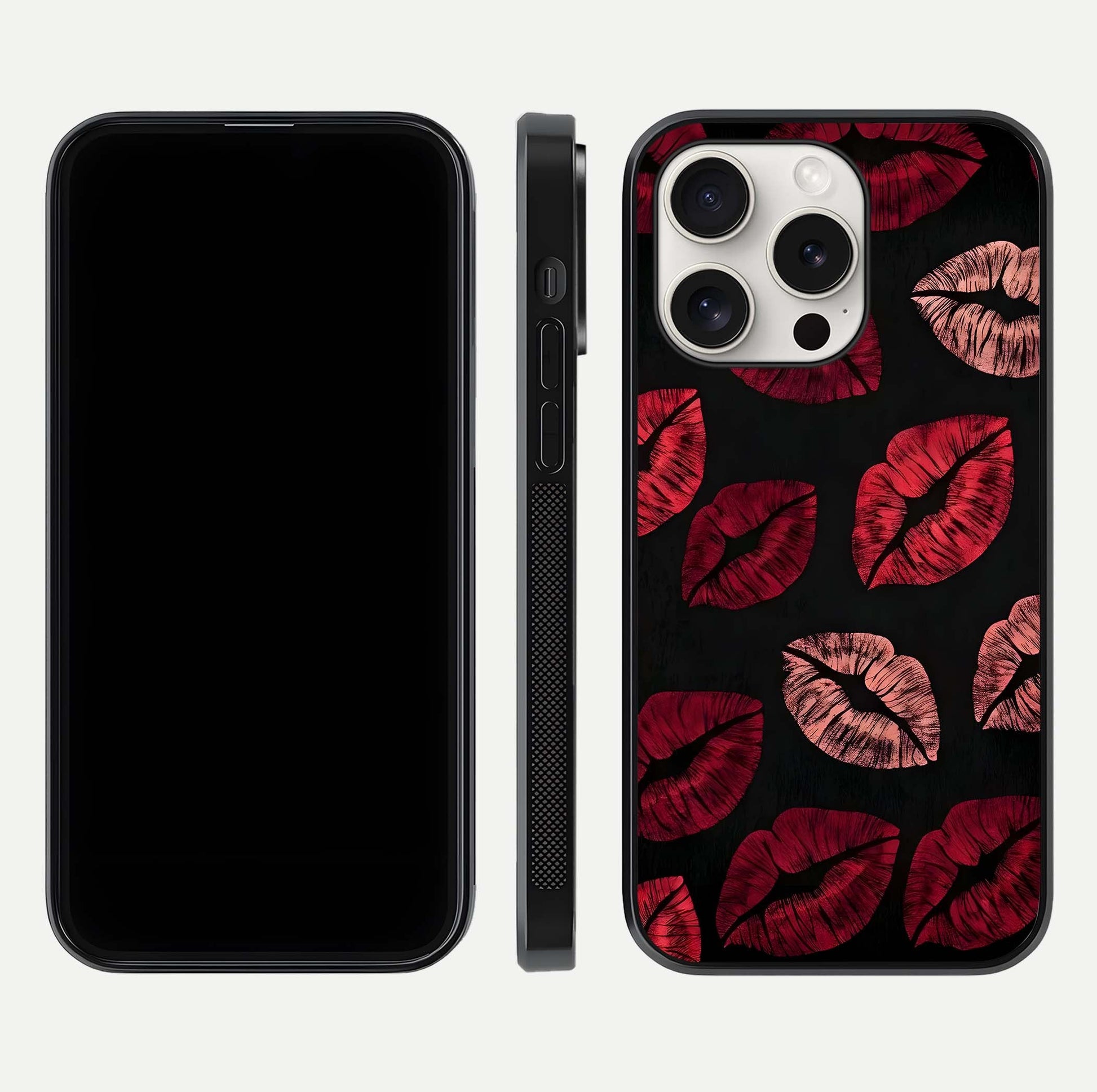 Midnight Kiss Love Glass Case for iPhone 15 Pro Max front & back view layout showing romantic theme and smooth curves