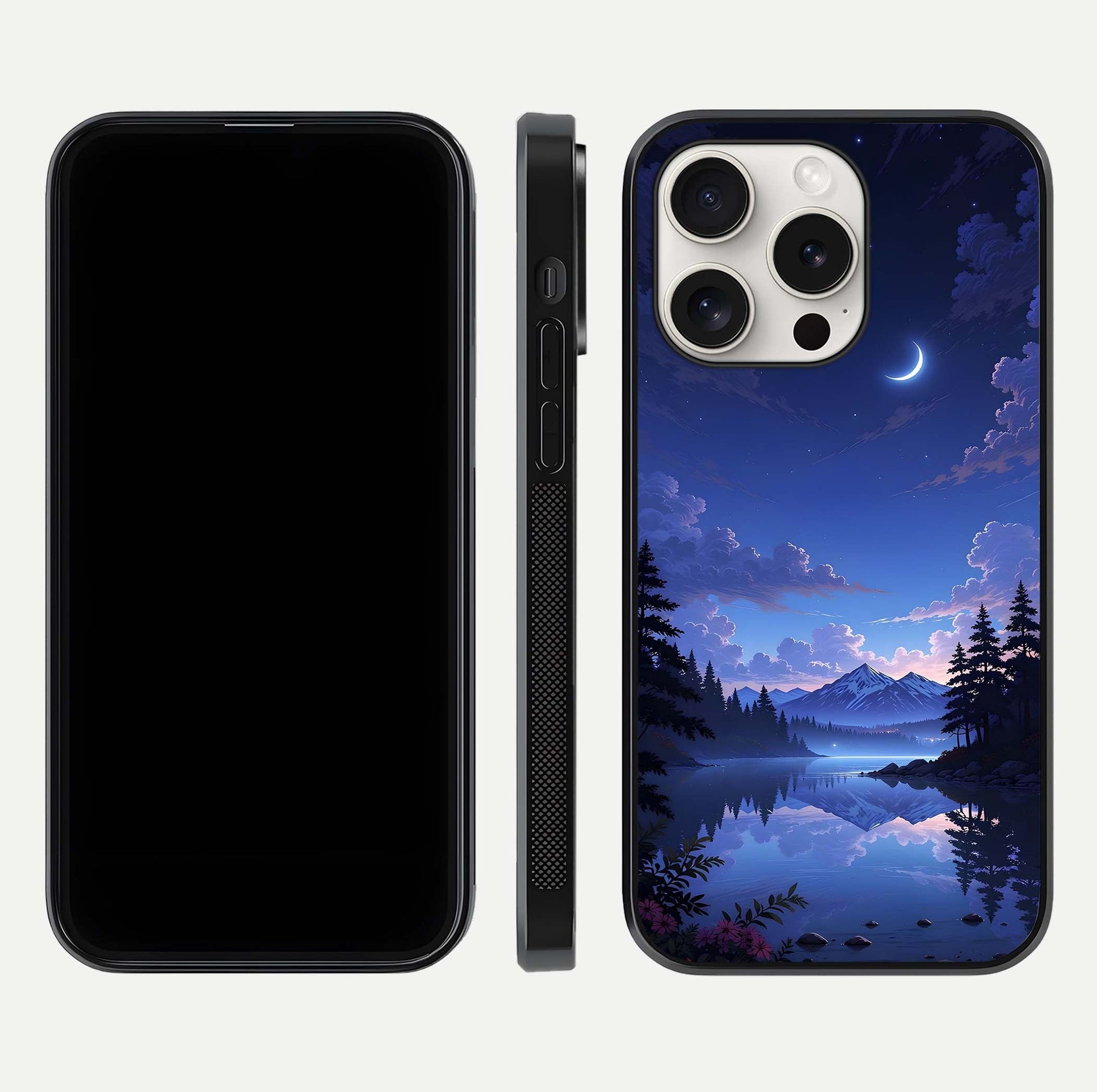 Midnight Lake Peace Glass Case for iPhone 15 Pro Max front & back layout highlighting calm design and curved edges