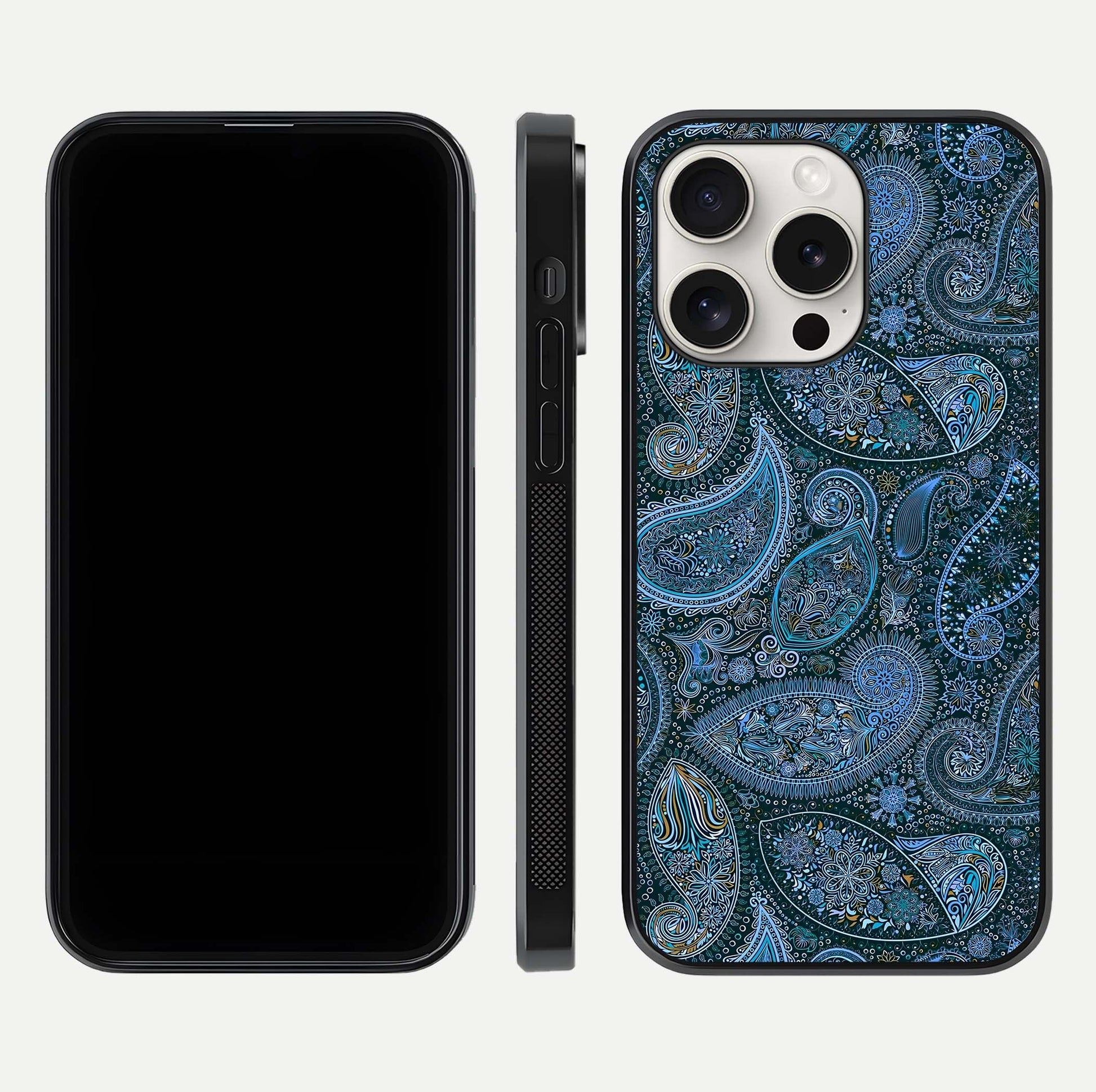 Midnight Paisley Glow Glass Case for iPhone 15 Pro Max front & back layout highlighting elegant edge finish