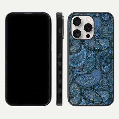 Midnight Paisley Glow Glass Case for iPhone 15 Pro Max front & back layout highlighting elegant edge finish