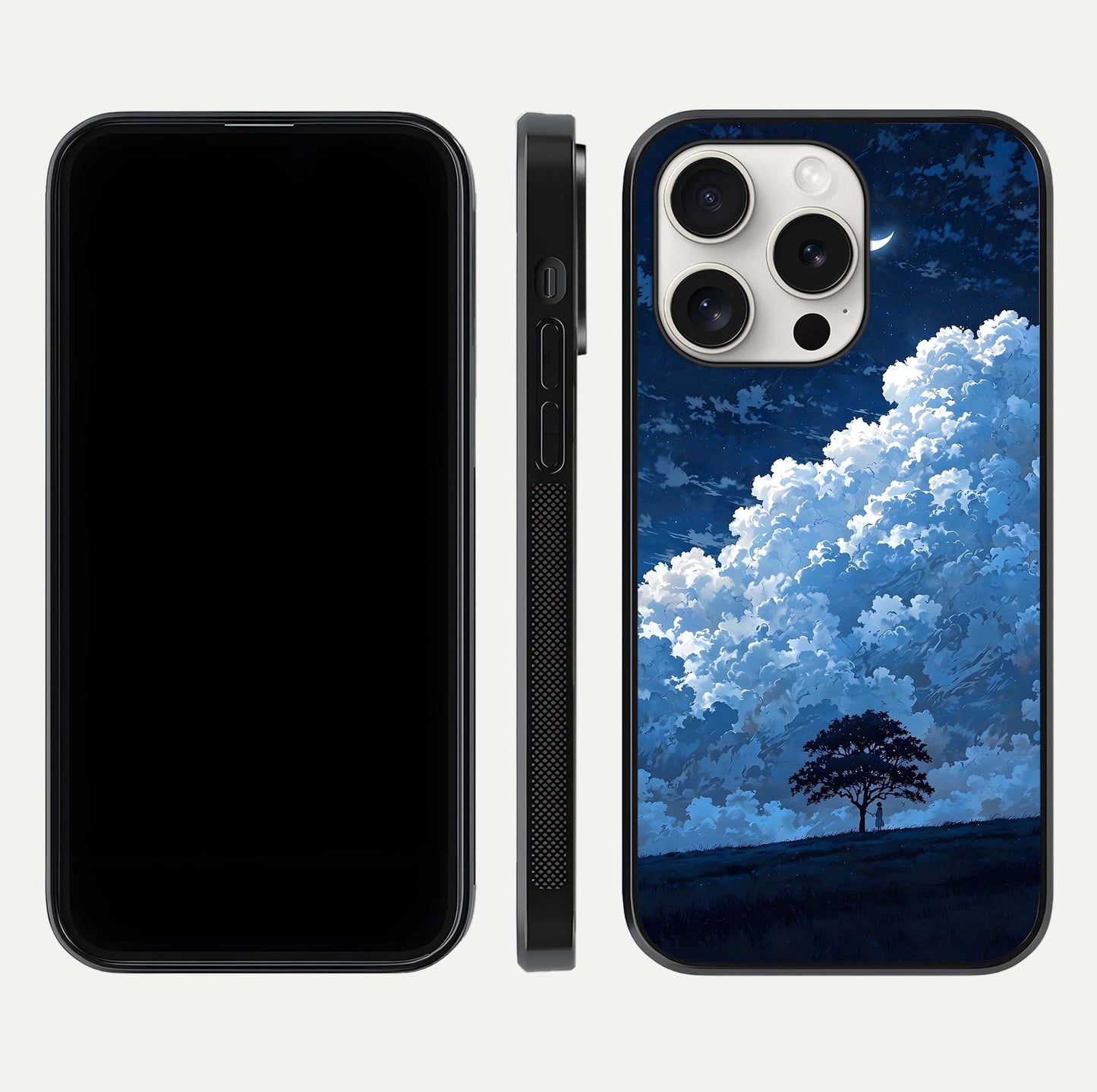 Midnight Sky Serenity Glass Case for iPhone 15 Pro Max front & back layout highlighting celestial art and curves