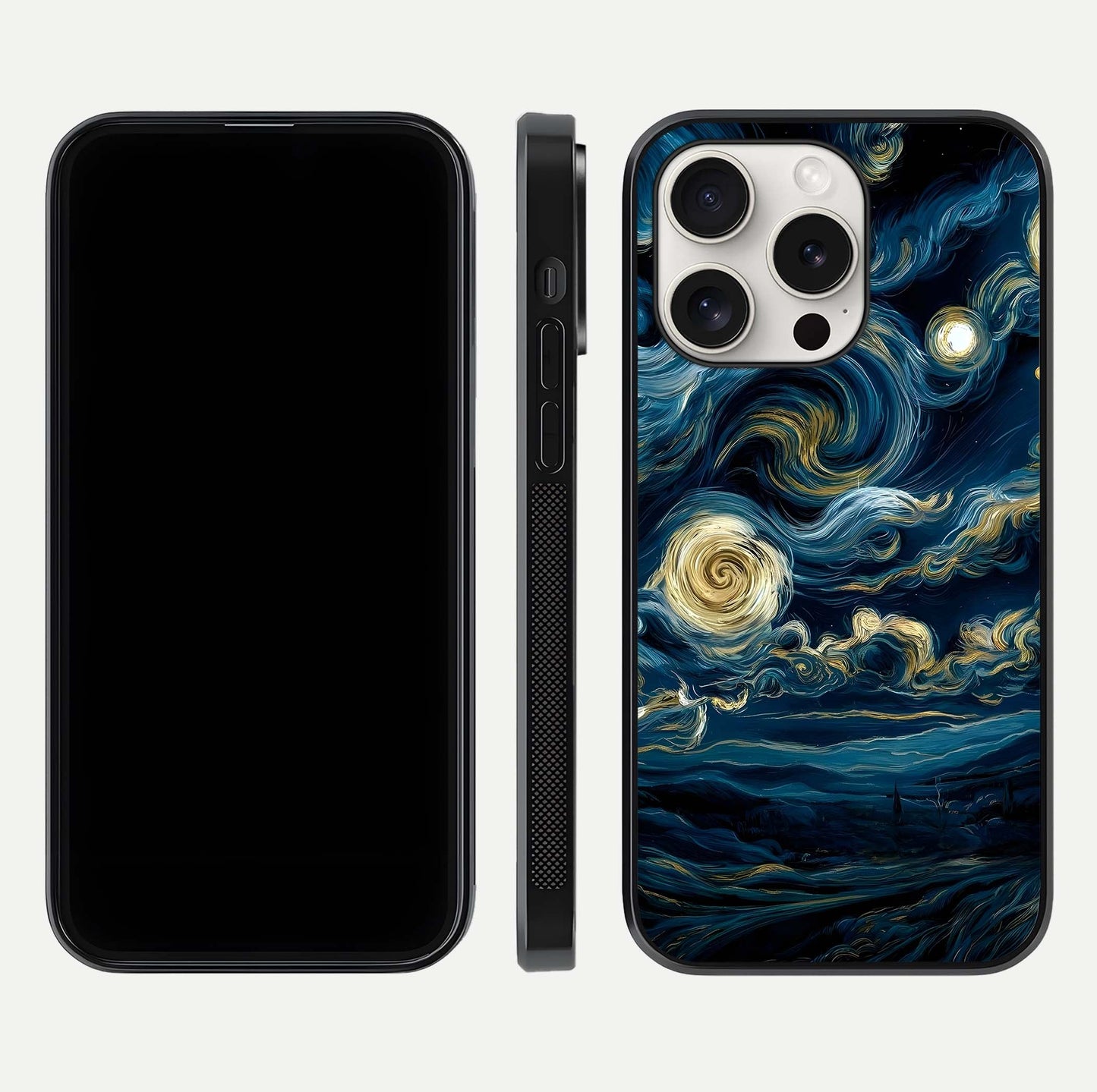 Midnight Sky Whirl Glass Case for iPhone 15 Pro Max front & back layout highlighting celestial movement art
