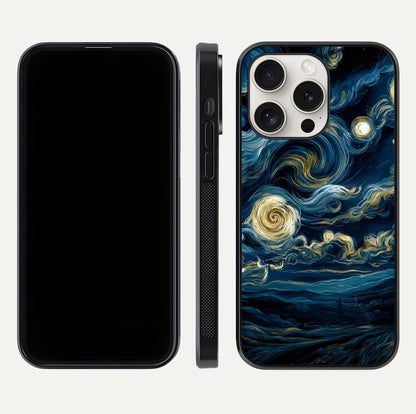 Midnight Sky Whirl Glass Case for iPhone 15 Pro Max front & back layout highlighting celestial movement art