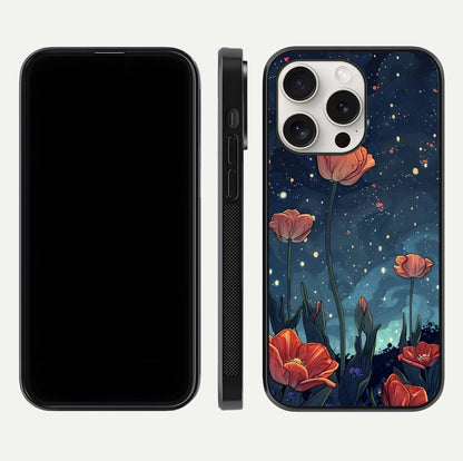 Midnight Tulip Glow Glass Case for iPhone 15 Pro Max front & back layout highlighting floral glow and curved edges