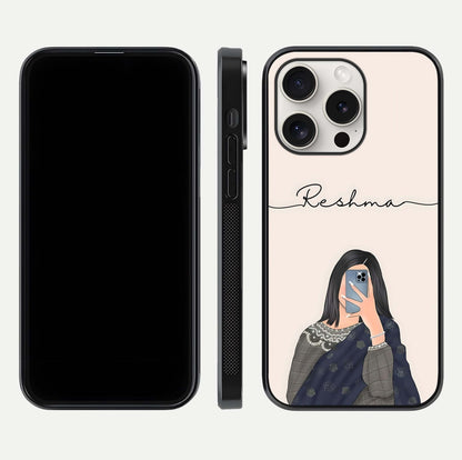 Mirror Mood Muse Custom Name Glass Case for iPhone 15 Pro Max front & back layout showing personalized name placement