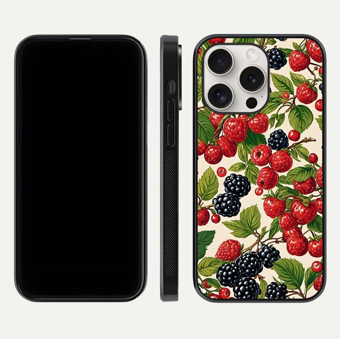 Mixed Berry Collage Glass Case for iPhone 15 Pro Max front & back layout highlighting colorful art and curved edges